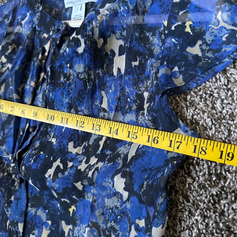 Charlotte Ronson Silk Blouse Abstract Print Ruffle Front‎ Cap Sleeve Size 2 - Picture 6 of 7
